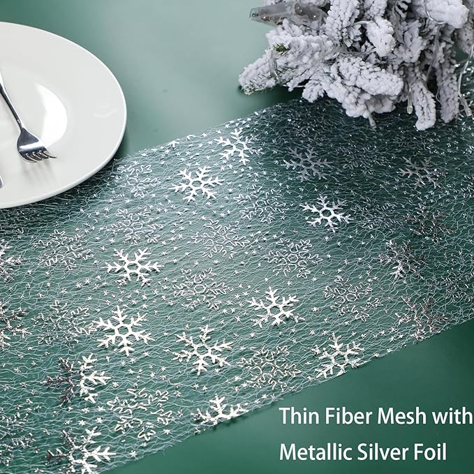 Snowkingdom Christmas Snowflake Silver Table Runner 11 Inch x 100 Feet Sparkly Silver Foil Glitter Metallic Mesh Runners Dining Table Decorations for Seasonal Winter Xmas Festival Holiday Home Party