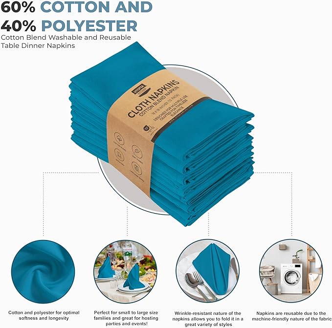Utopia Kitchen Teal Cloth Napkins [12 Pack, 18x18 Inch] Absorbent Cotton Blend Washable and Reusable for Dinner, Restaurant, Lunch, Wedding and Hotel