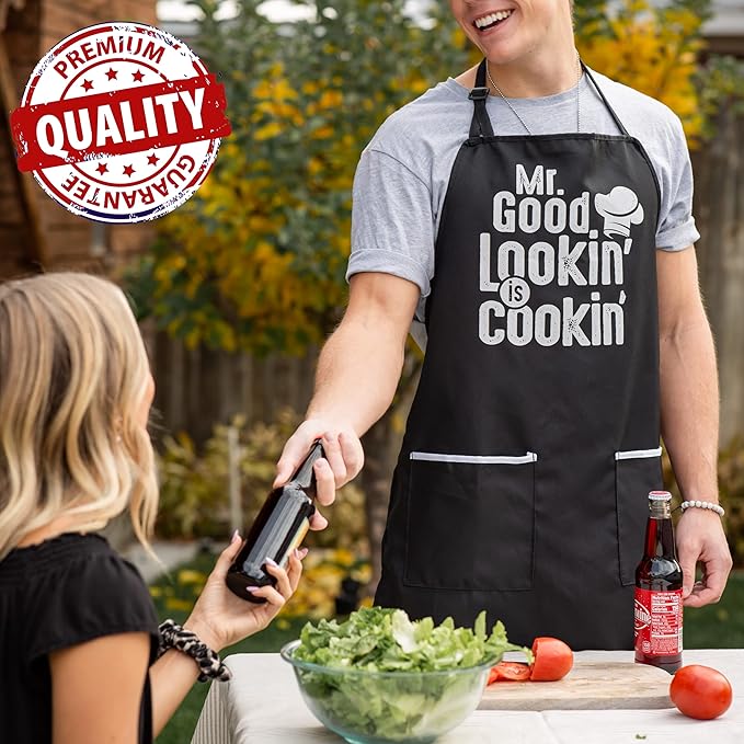 ALLER HOME&KITCHEN Funny Apron for Men, 2 Large Pockets One Size Fits All Chef Apron for Grilling, Cooking, BBQ Accessories