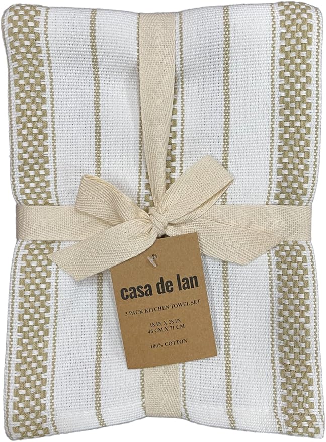 Kitchen Towels Set – Pack of 3 (20’’ x 30’’) Extra Large Premium Cotton Dish Towels for Kitchen – Chain Stripe Towels – Absorbent – 100% Cotton – with Hanging Loop – Taupe