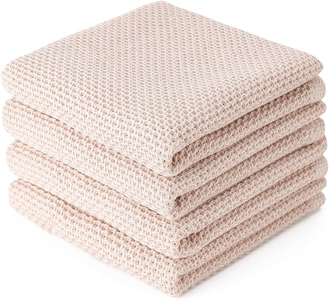 BOOMIBOO 4-Pack Dish Towels, 100% Cotton Waffle Weave, Ultra Soft Absorbent, Quick Drying, Beige, 13x28 Inches