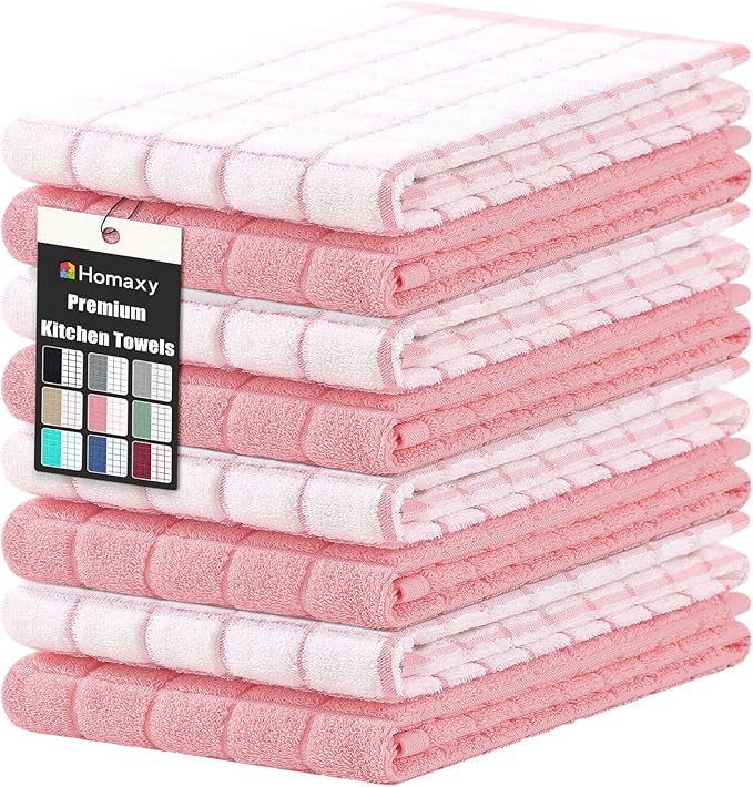 Homaxy Premium Cotton Kitchen Towels 16"x 28", Large Natural Ring Spun 390 GSM Dish Towels, Super Absorbent Terry Kitchen Hand Towels, Soft Tea Towels with Hanging Loop, Pink Check Design, 8 Pack