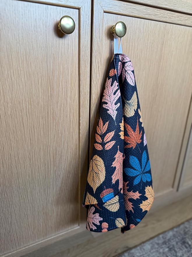 2 Pack || Double Sided|| Not Your Ordinary Kitchen Towels || Dish Towels || Quick Dry || Waffle Weave Microfiber || Designer Prints || Highly Absorbent || Hanging Hook (Fall Leaves Black)