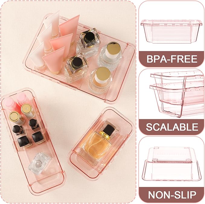 15 Pcs Extendable Clear Drawer Organizer, All Adjustable Vanity Storage Box, 2-Size Desk Drawer Organizer, Acrylic Storage Bins for Makeup, Bedroom Dressers Tool Organizer for Gadgets, Pink