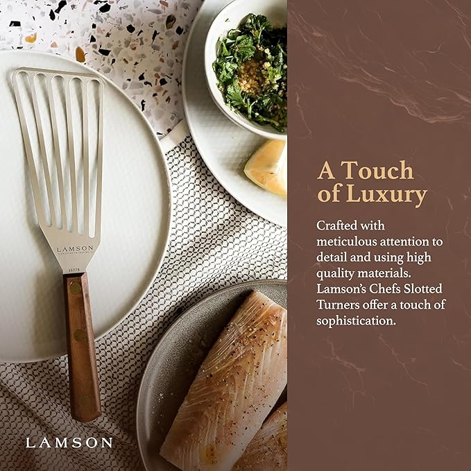 Lamson Metal Spatula Slotted Turner - 3' x 6" Stainless Flipper with Walnut Handle, Left-Hand - Chef's Frying Fish Turner, Metal Grilling Spatula