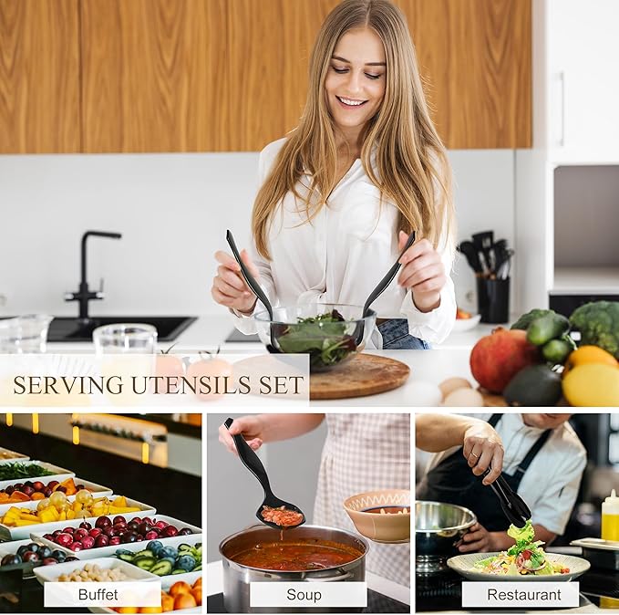 Mwellewm 72Pcs Plastic Serving Utensils Set Large Disposable Serving Spoons Fork and Tongs for Serving Food 8.5'' Heavy Duty Black Party Utensil Supplies for Buffet Restaurant Picnic Dinner Salad Soup