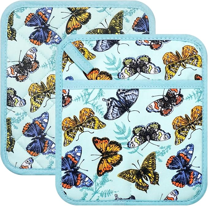 Pot Holders Set of 2 Heat Resistant 480℉ Kitchen 100% Cotton Comfortable Lining Printing Butterfly Flower Women Men Home Cooking Baking Microwave BBQ Gift (Butterfly potholders)