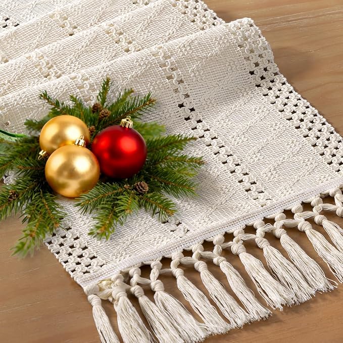 Socomi Boho Table Runner Easter Spring Farmhouse Rustic Dining Kitchen Centerpiece Decor Small Macrame Woven Cotton Linen Coffee Table Runner for Dresser Scarf Home Decor 12x48 inch Beige