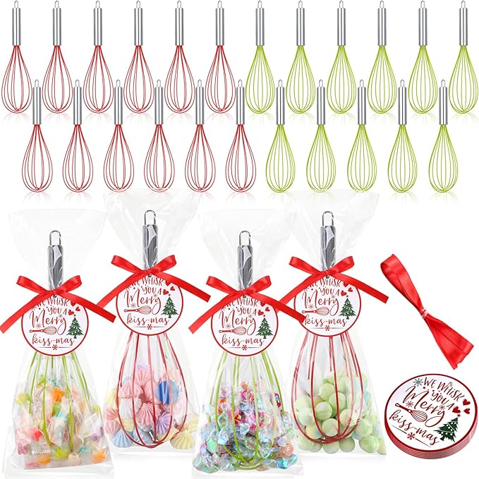 FoldTier 72 Sets 12 Inch Christmas Whisks Gifts DIY Fillable Christmas Tree Ornaments Xmas Colored Silicone Whisks for Cooking Heat Resistant Egg Beaters with Card Rope Bag for Candy Holder