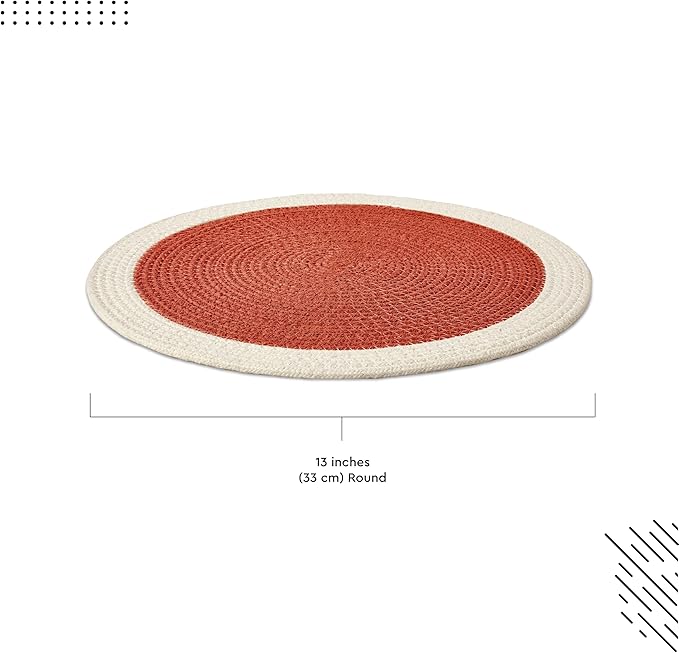 Encasa XO Dining Placemats Set of 6 | Cotton Round Table Mat - 13 in Diameter | Coral & Off White | Handmade Rib Style Chargers for Dinner Plates