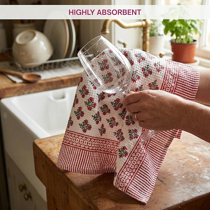 ATOSII 100% Cotton Hand Block Print Waffle Kitchen Towel, Set of 3, 18 x 26 Inches Ultra Absorbent Quick Dry Dish Towels, Reusable Sustainable Tea Towels for Cleaning and Drying, Gulbahar Pink