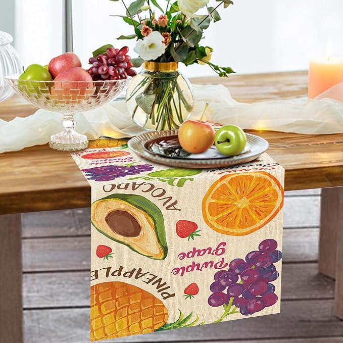 Watercolor Fruit Table Runner, Watermelon Pineapple Banana Orange Kitchen Dining Table Decoration, Spring Summer Grapes Kiwi Avocado Burlap Indoor Outdoor Home Decor Party Supply 13 x 108 Inch