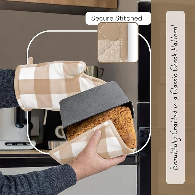 Native Fab Buffalo Plaid Check Oven Mitts and Pot Holders Set of 4, 100% Cotton Heat Resistant Kitchen Gloves, 2 Oven Mitts (7x13), 2 Pot Holders (8x8) for Cooking & Baking, Beige White