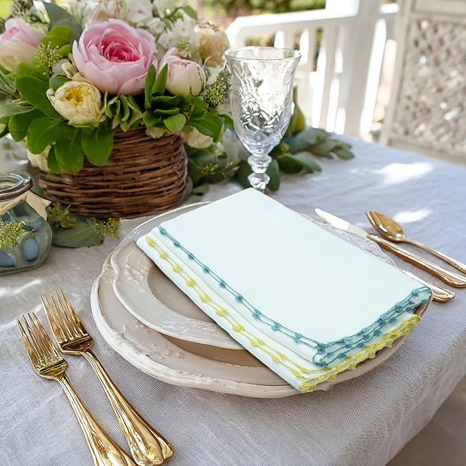 COTTON CRAFT Cloth Napkins - Set of 8 Soft 100% Cotton - White Napkins with Elegant Crochet Border Trim in Pink, Aqua, Yellow, Green – Easter Spring Summer Lunch Dinner Serviettes - Multicolor - 17x17