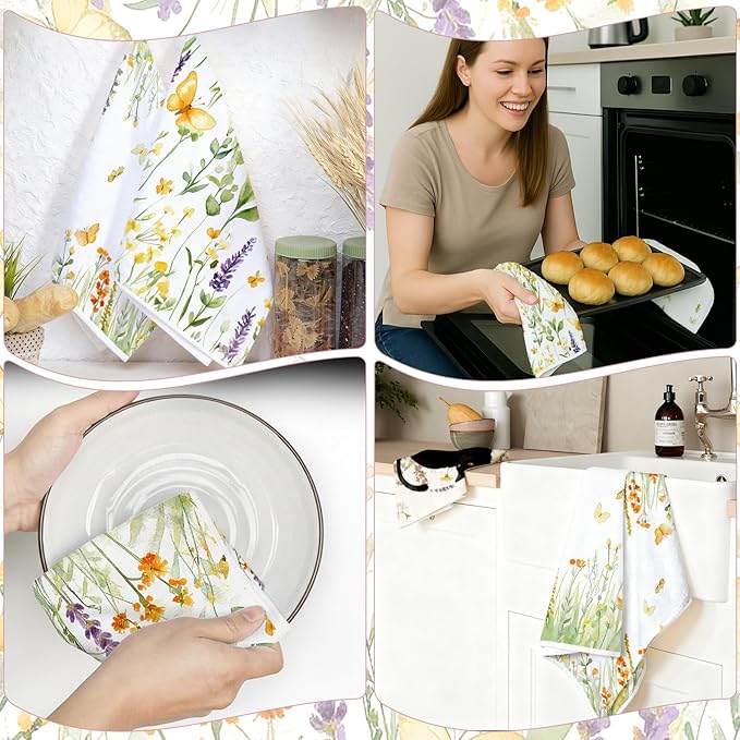4Pcs Spring Wildflower Butterfly Kitchen Towels-16×24in Floral Microfiber Dish Towels, Super Absorbent Flower Holiday Hand Towels for Home Decor Easter Mother‘s Day Gifts