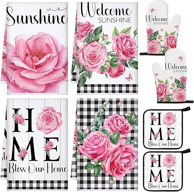 Leinuosen 8 Pcs Kitchen Towels and Dishcloths Sets Oven Mitts and Pot Holders Sets Absorbent Kitchen Gloves Potholders Heat Resistant for Chef Baking Cooking(Black and White,Rose)