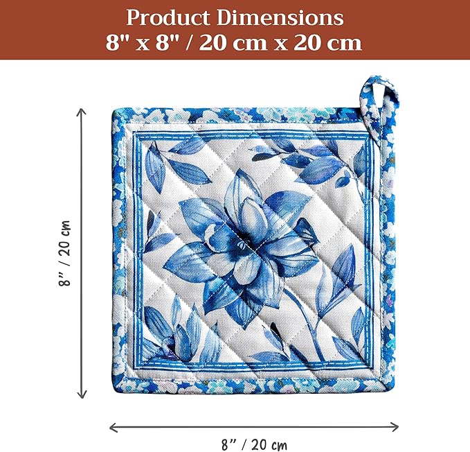 Maison d' Hermine Pot Holders 100% Cotton Heat Resistant Potholders 8" x 8" Hot Pads with Loop BBQ Cooking Baking Gifts for Mothers Day Handling Hot Pans Spring/Summer (Pack of 1, Summer Blues)