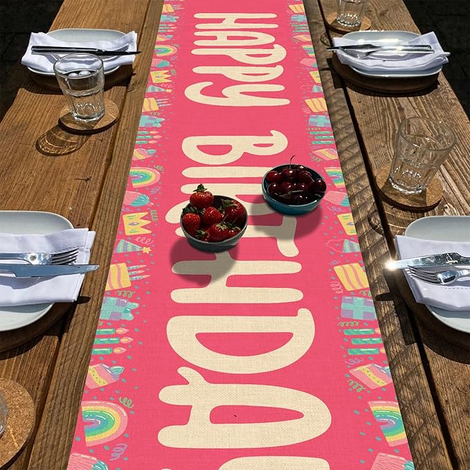 Happy Birthday Table Runner 13x72 Inch Pink Birthday Cake Box Candle Rainbow Farmhouse Polyester Linen Table Decoration for Kitchen Dinning, Indoor Outdoor Home Dinner Party (Red)