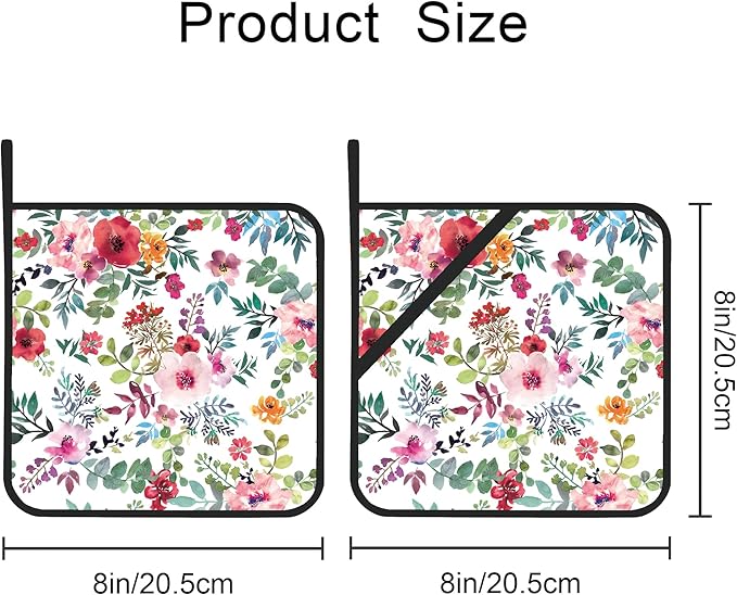 Watercolor Floral Flowers Pot Holders Set of 2 Kitchen Heat Resistant Potholder for Microwave Cooking Baking Oven End Dishes and BBQ