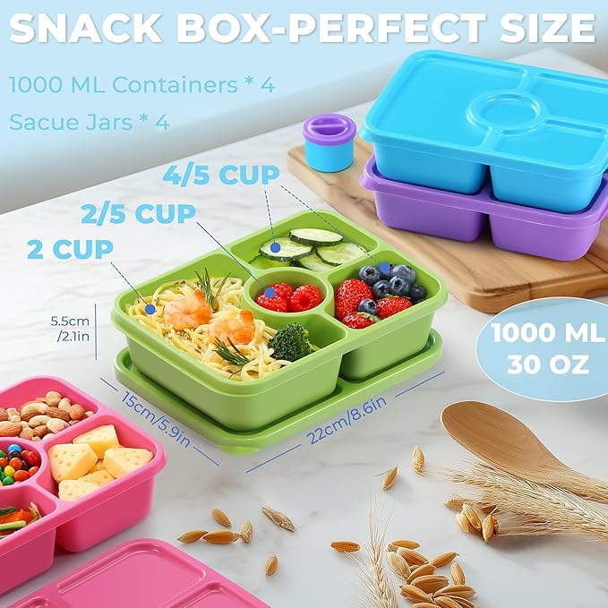 Bento Snack Box Containers, Reusable Meal Prep Lunch Containers for Adults Kids, Stackable Bento Snack Box 4 Pack, Divided Lunchable Food Storage Containers with Sauce Container, Rose Pink