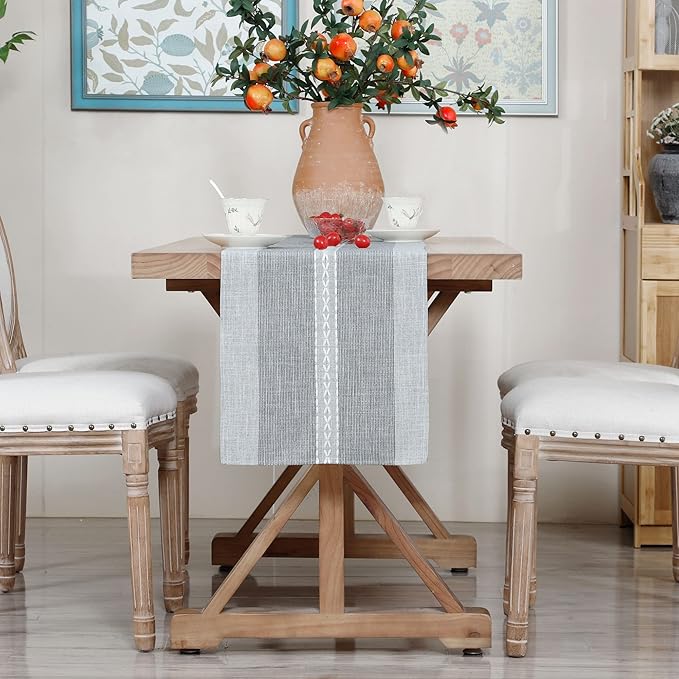 Farmhouse Braided Striped Table Runner Rustic Embroidery Coffee Table Runners for Decorations Weddings Holiday Grey 13x90inch