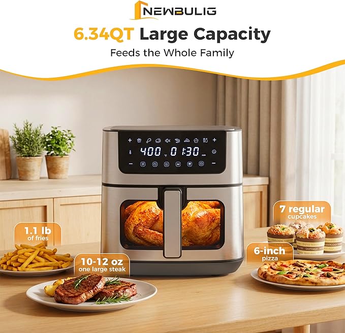 NEWBULIG Air Fryer 6.34QT, Airfryer with Visible Window, 400℉ Fast Heating Air Fryers Oven with Nonstick and Dishwasher-Safe Basket, 8-in-1 Cooking Preset, Timer，Auto-Off, Stainless Steel, Grey