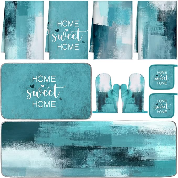 Fourluoo 10 Pcs Teal Turquoise Oven Mitts and Pot Holders Kitchen Decor and Accessories Set Turquoise Kitchen Towels Modern Boho Oven Gloves for Home Decorations Cooking Baking Housewarming Gifts