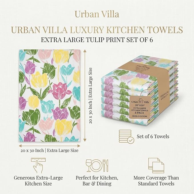 Urban Villa Collection Kitchen Towels Tulip Flowers Multi Color Premium Quality,100% Cotton Dish Towels, Mitered Corners,(Size: 20X30 Inch), Highly Absorbent Bar &Tea Towels - (Set of 6)