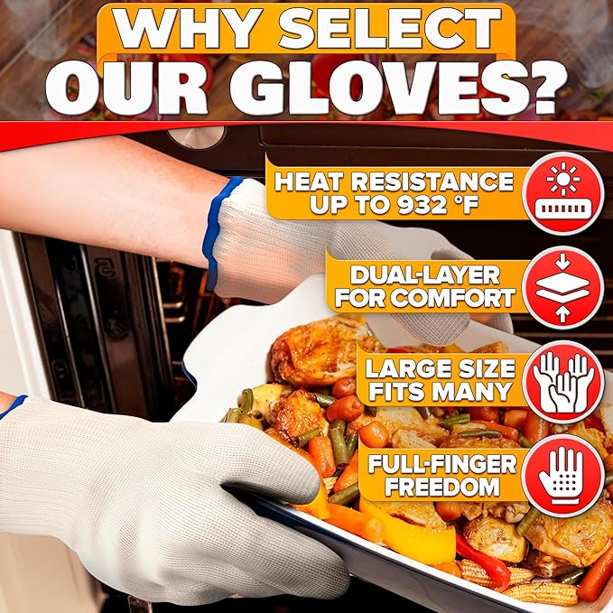 Heat Resistant Gloves for Cooking & Grilling – Aramid Oven Mitts Gloves with Fingers, Short-Term Hand Protection up to 932°F and Secure Grip for Baking, Fryer, and BBQ