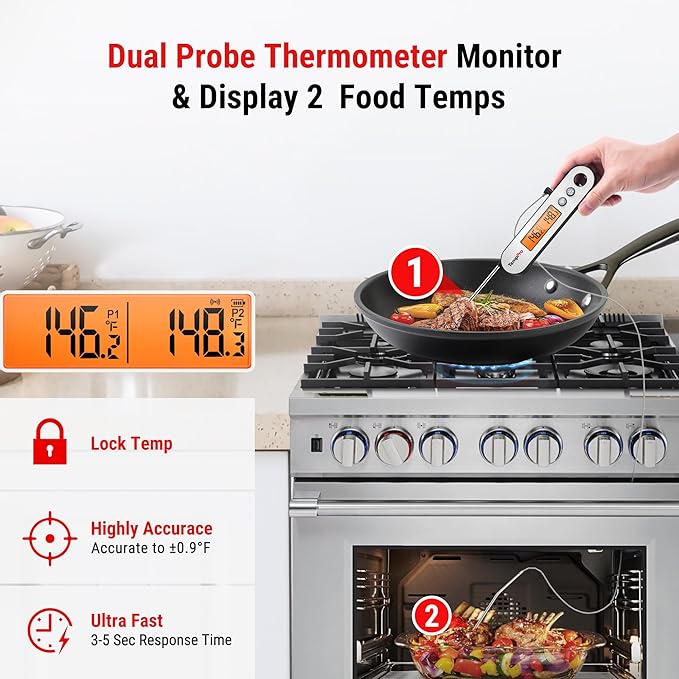 TempPro TP610 Rechargeable Instant Read Thermometer for Cooking, Stainless Steel Meat Thermometer Digital with Alarm, Waterproof Cooking Thermometer for Grill, Smoker, BBQ, Oven(Previously ThermoPro)