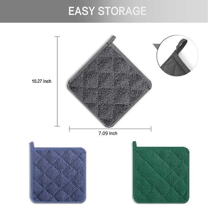 Potholders, Pot Holders for Kitchen Heat Resistant Cotton Hot Pads with Hanging Loops, 3-Pack (Blue+Gray+Green)