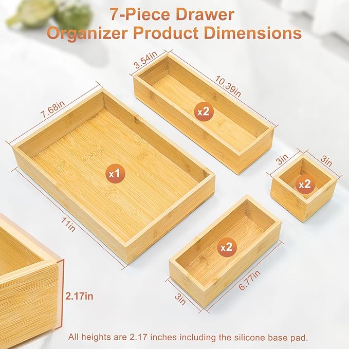 Bamboo Drawer Organizer Boxes - Set of 7 Wooden Drawer Organizers for Kitchen, Bathroom, Office, Desk, Vanity, Makeup - Non-Slip Junk Drawer Organizer Trays for Storage and Organization