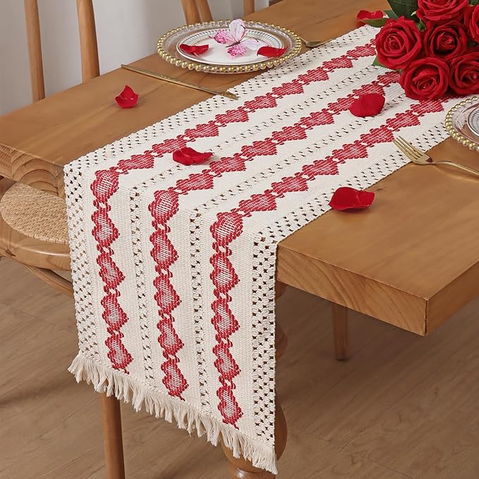 Alynsehom Macrame Table Runner Beige and Red Heart Table Runners with Tassels Hand Woven Cotton Table Runner Rustic Farmhouse Table Runners for Valentine's Day Bohemian Kitchen Dining Table(12x71in)
