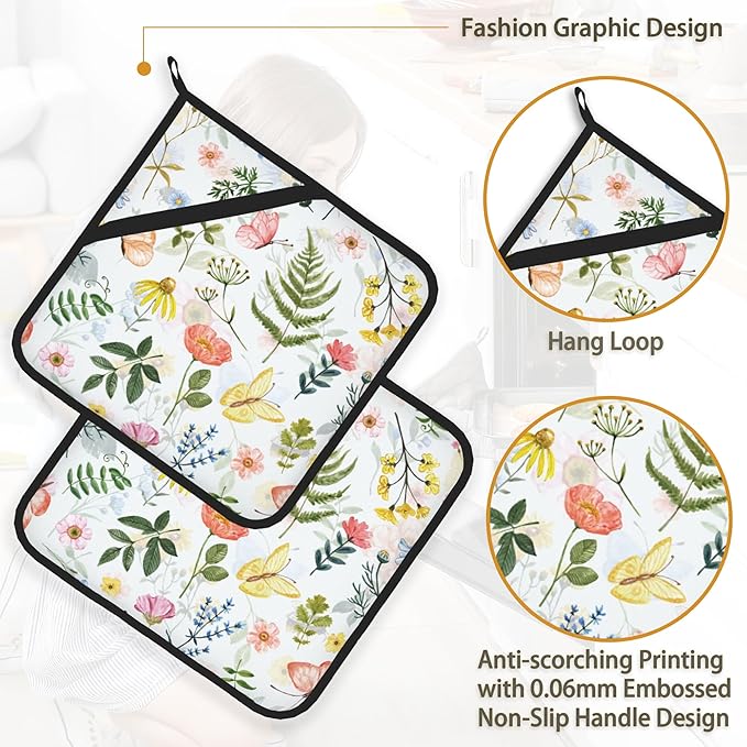 Wildflowers Butterfly Herbs Pot Holder Set of 2,Heat Resistant Potholders Oven Hot Pads for Kitchen Cooking Baking BBQ
