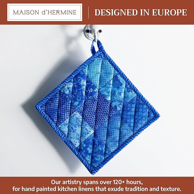 Maison d' Hermine Pot Holders 100% Cotton Heat Resistant Potholders 8" x 8" Hot Pads with Loop BBQ Cooking Baking Gifts for Mothers Day Handling Hot Pans Spring/Summer (Pack of 1, Indigo Love)