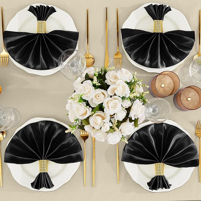 RUDONG M 100 Pcs Black Satin Napkins and Napkin Rings Set, 17 x 17 Inch Square Cloth Napkins Set of 50, Silky Soft Table Napkins Bulk for Weddings, Banquet, Parties Dinner Decoration