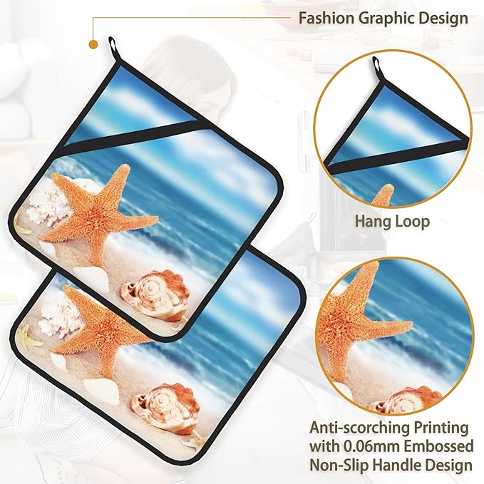 Beach Starfish Shells Pot Holder Set of 2,Heat Resistant Potholders Oven Hot Pads for Kitchen Cooking Baking BBQ