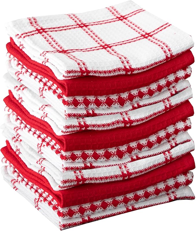 T-Fal Premium Waffle Dish Cloths: Highly Absorbent, Super Soft Long Lasting - 100% Cotton, 12"x13" Towel for Cleaning & Drying, (12-Pack), Red