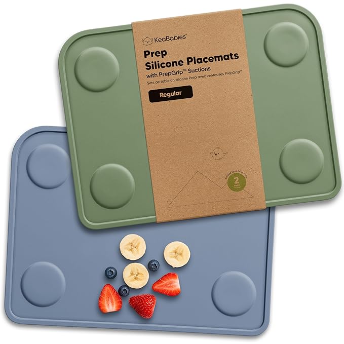 KeaBabies 2pk Silicone Placemats for Toddlers, Kids - 12x9 Non Slip Suction Baby Silicone Placemat for Restaurants, Dining Table,Travel, Easy to Clean, Food Grade/BPA-Free,Small Baby Table Mat(Slate)