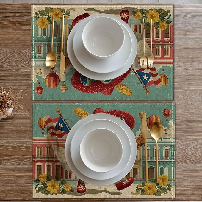 HOMETITUTE Colorful Placemats Set of 4 Linen 12x18 Inch Washable Table Mats Fun Frog Playing Guitar Design Decorative Dining Table Placemats Set of 4 Farmhouse Kitchen Holiday and Everyday Use