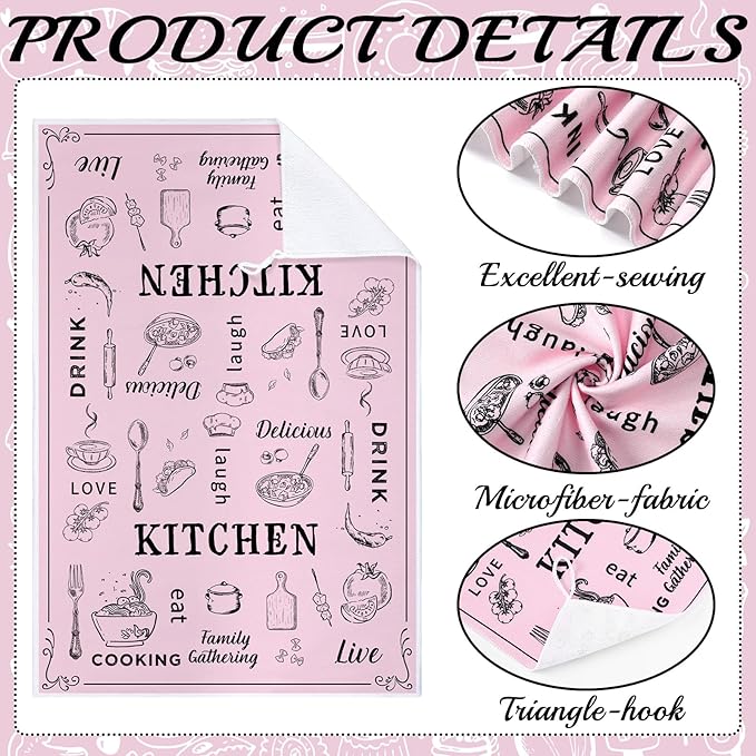 Bencailor 6 Pcs Kitchen Towels Decorative Sets Dish Towels Absorbent Fast Drying Hand Tea Vintage Hanging Reusable Cleaning Dishcloths for Cooking Farmhouse Bathroom Accessory(Pink and White,Classic)