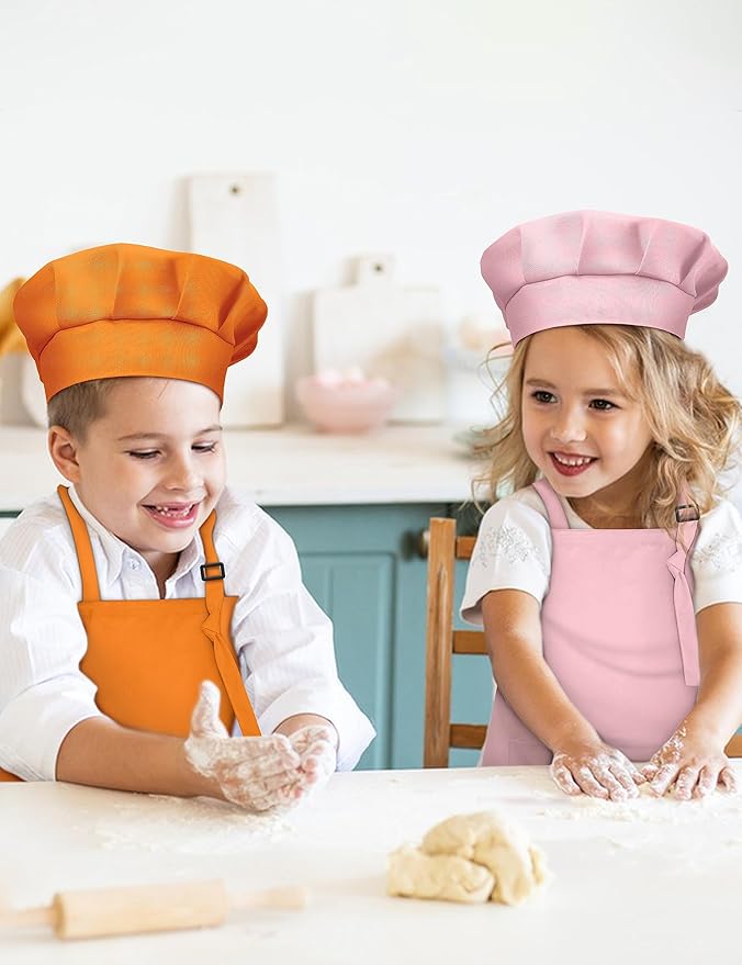 Kids Apron and Chef Hat Set, 30 Pieces Boys Girls Kids Apron with 2 Pockets Adjustable for Cooking Classroom Baking Painting, 6-13 Years, Multicolor