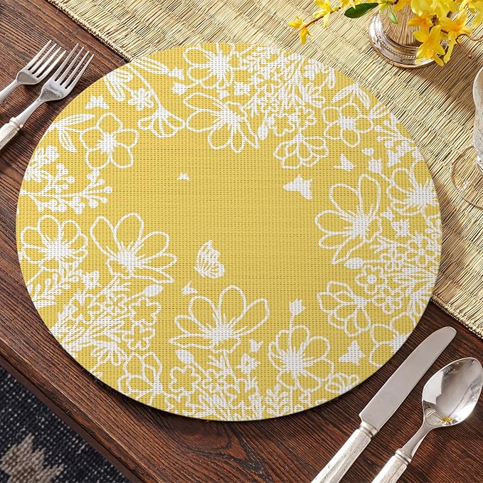 Artoid Mode Spring Leaves Yellow Vinyl Round Placemats Set of 4, 14 Inch Washable Non-Slip Woven Plastic Table Mats for Party Kitchen Dining Decor