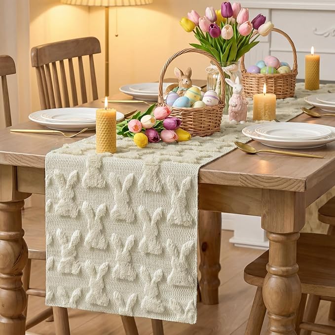 Artoid Mode Beige Soft Plush Faux Fur Jacquard Bunny Rabbit Easter Table Runner, Seasonal Kitchen Dining Table Decoration for Home Party Decor 13x36 Inch