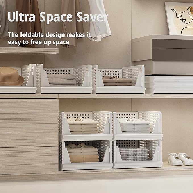 Proarea 5 Pack Stackable Plastic Storage Basket Closet Organizer Bin Foldable Clothes Organizer Storage Drawer Shelf Container for Living room Bathroom Kitchen Office (3L+2S), White, YG-3L2S