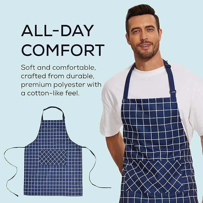 Will Well Kitchen Apron for Men and Women - 33" x 27" Oil-and-Water-Resistant with Adjustable Neck Strap and 38" Waist Ties for a Snug Fit, Lightweight with 2 Front Pockets - 2-Pack, Navy Checkered