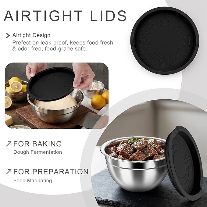 HaWare Mixing Bowls with Airtight Lids, 6-Piece Stainless Steel Salad Bowls, Strong Nesting Bowls for Cooking, Prepping, Baking, Serving & Food Storage, Stackable Design, Size 4.6, 3, 1.5QT, Black