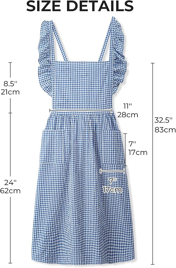 Vintage Gingham Apron for Women, Ruffle Straps, 2 Pockets, Soft Cotton, Apron Dress Style for Cooking & Baking