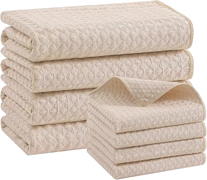 Homaxy Microfiber Waffle Weave Kitchen Towels Set, 16 x 28 Inch and 12 x 12 Inch Ultra Absorbent and Solid Color Dish Towels, 8 Pack, Beige