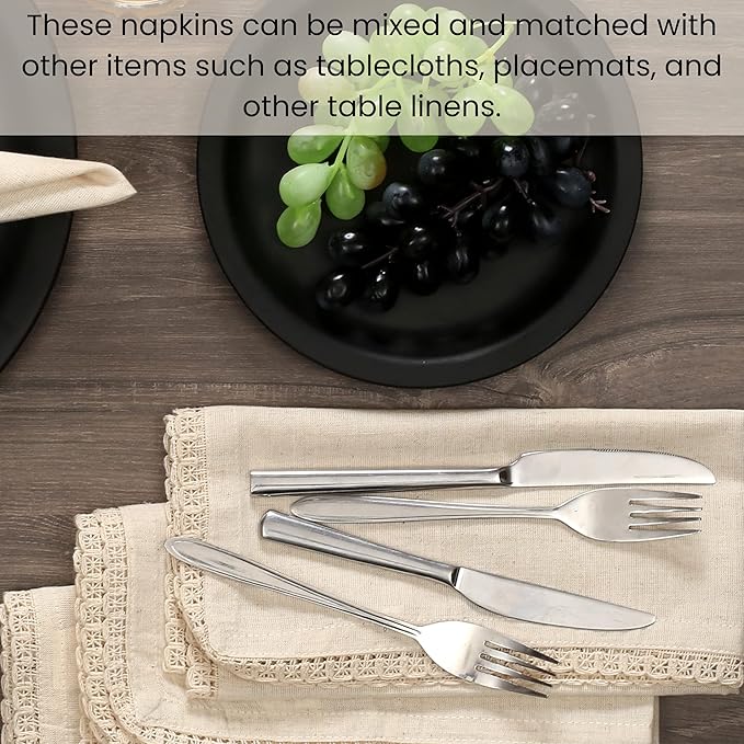 Cotton Clinic 12 Pack Cloth Dinner Napkins with Decorative Lace Oversized 20x20, Linen Cotton Fabric Tailored with Mitered Corner - Cocktail Napkins, Wedding Dinner Napkins Natural